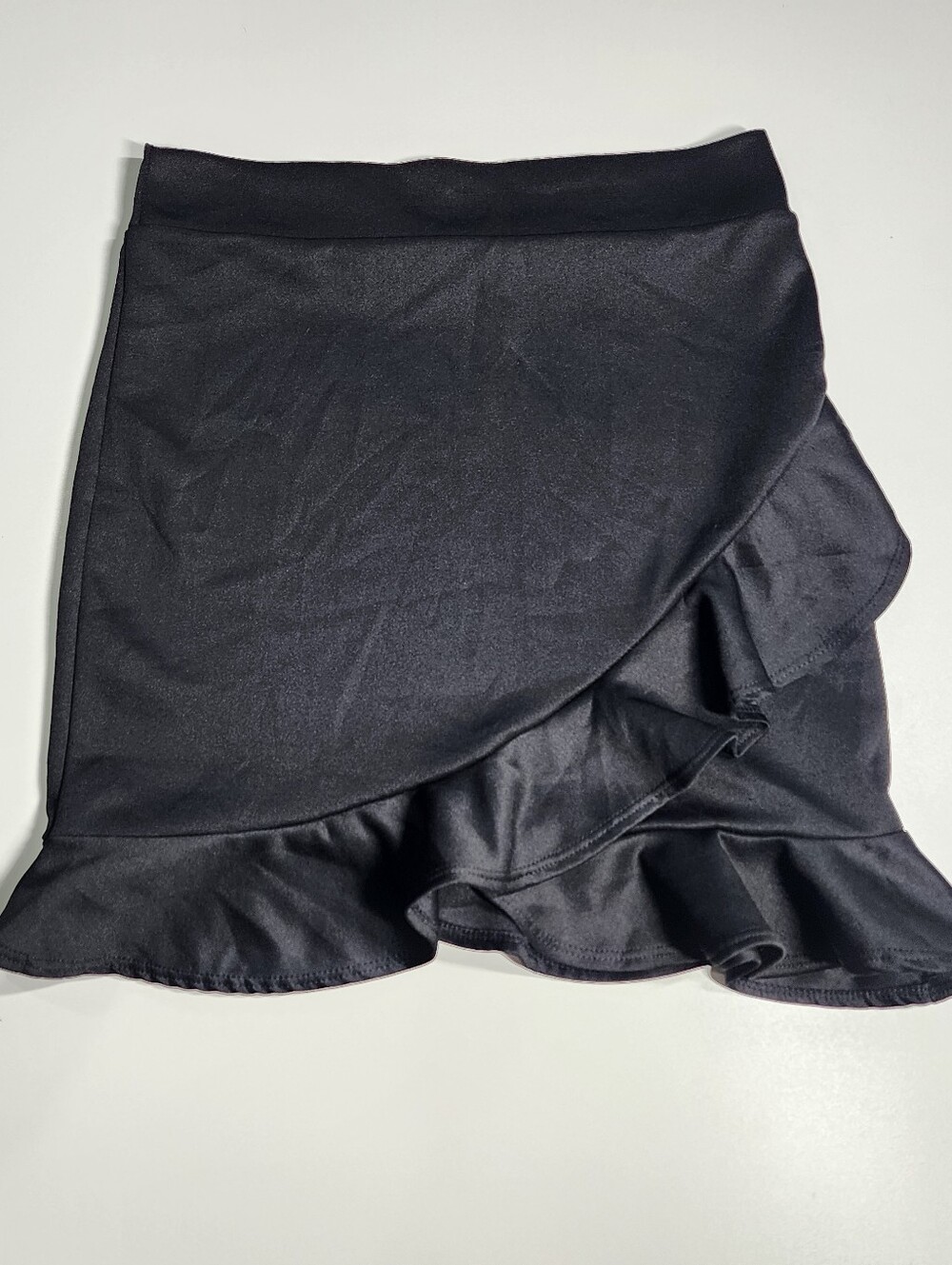 Y2K Black Faux Wrap Mini Skirt Ruffle Hem Asymmetrical XL Whimsygoth